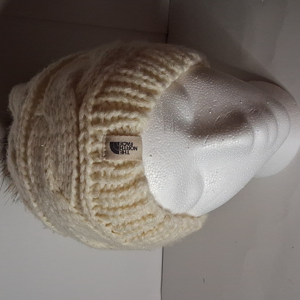 The North Face Cream Winter Hat With Faux Fur Pom, One Size